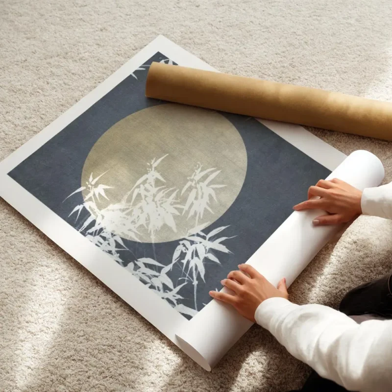 affiche de ciel nocturne avec lune jaune et feuillage blanc sur fond texture ble enroule.webp