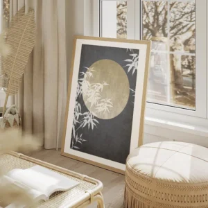 affiche de ciel nocturne avec lune jaune et feuillage blanc sur fond texture ble salon beige.webp
