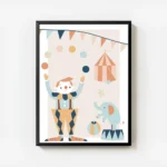 affiche de cirque pastel avec un clown jonglant un elephant sur un tabouret et u avec cadre.webp