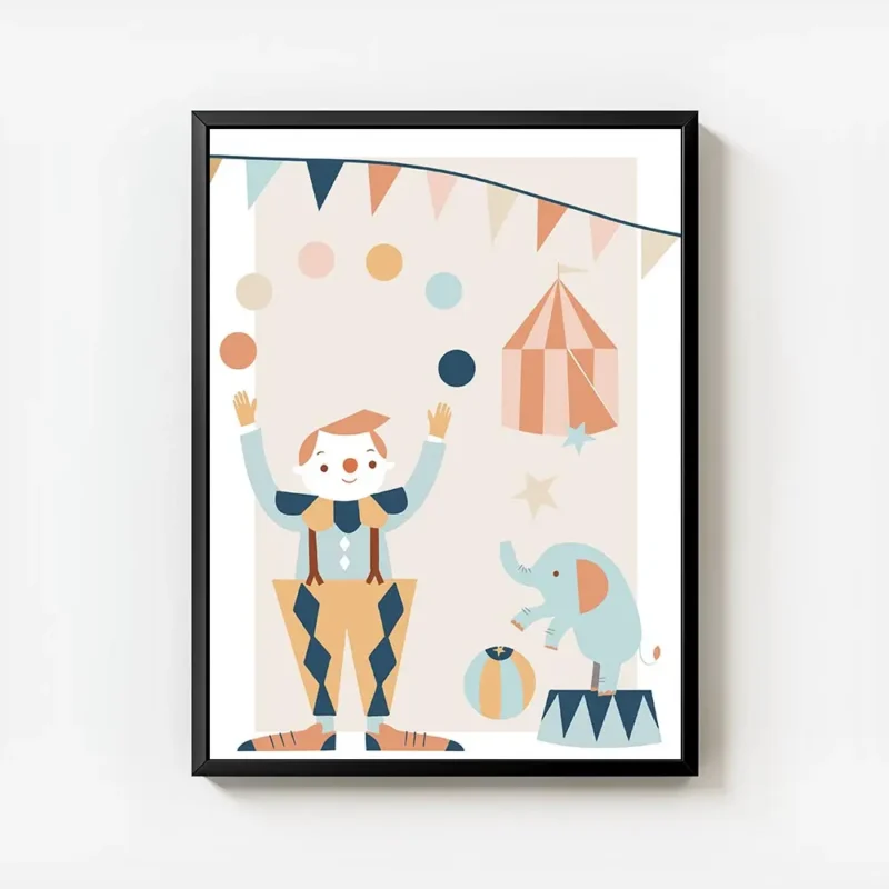 affiche de cirque pastel avec un clown jonglant un elephant sur un tabouret et u avec cadre.webp