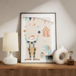 affiche de cirque pastel avec un clown jonglant un elephant sur un tabouret et u meuble.webp