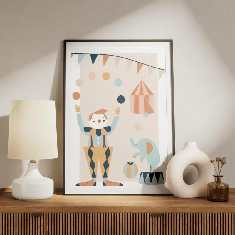 affiche de cirque pastel avec un clown jonglant un elephant sur un tabouret et u meuble.webp