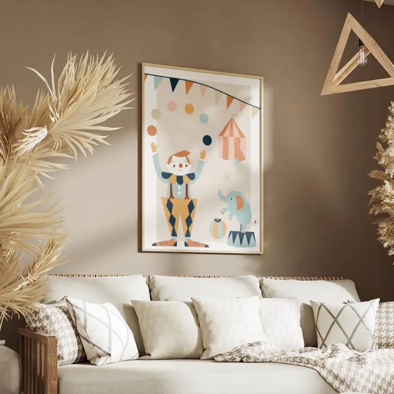 affiche de cirque pastel avec un clown jonglant un elephant sur un tabouret et u salon.webp