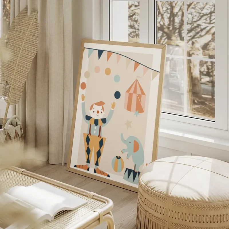 affiche de cirque pastel avec un clown jonglant un elephant sur un tabouret et u salon beige.webp