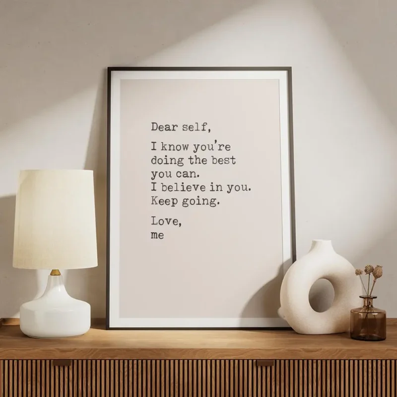 affiche de citation avec le texte dear self en police de machine a ecrire noire meuble.webp