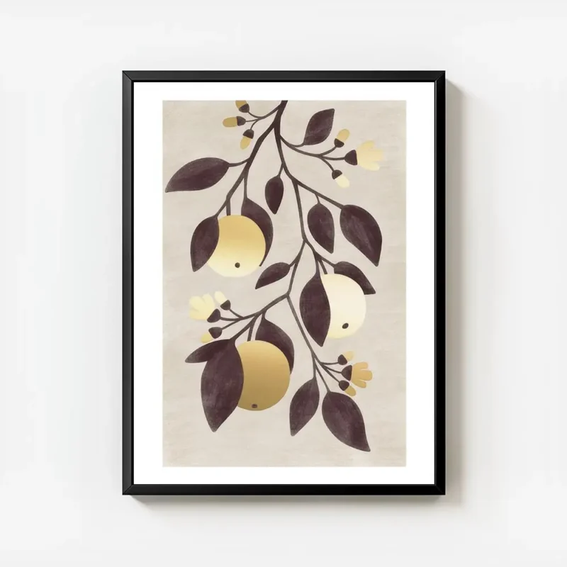 affiche de citrons dores avec des feuilles marron sur fond beige typographie gra avec cadre.webp