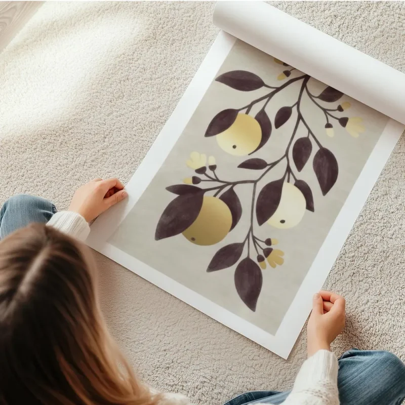 affiche de citrons dores avec des feuilles marron sur fond beige typographie gra en rouleau.webp