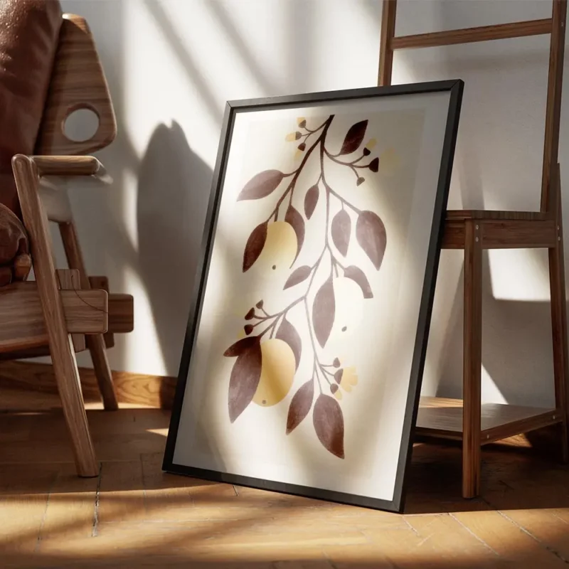 affiche de citrons dores avec des feuilles marron sur fond beige typographie gra encadre.webp