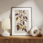 affiche de citrons dores avec des feuilles marron sur fond beige typographie gra meuble.webp