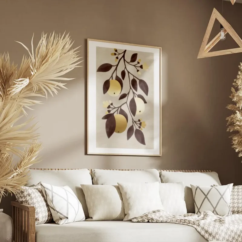 affiche de citrons dores avec des feuilles marron sur fond beige typographie gra salon.webp