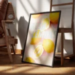 affiche de citrons jaunes entiers et coupes sur un fond a carreaux vichy rose et encadre.webp