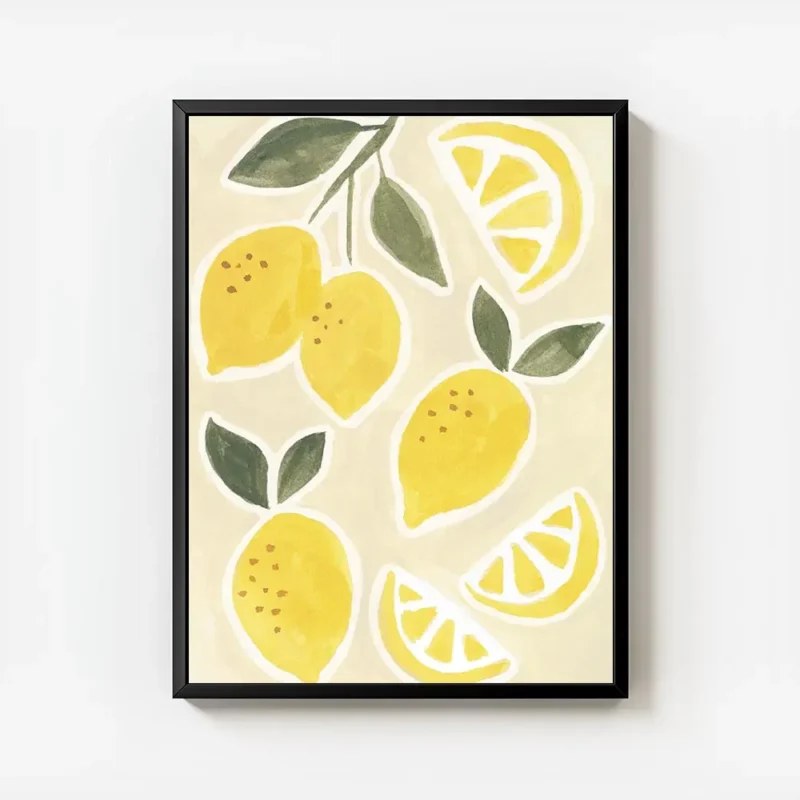affiche de citrons jaunes et de tranches de citron avec des feuilles vertes sur avec cadre.webp