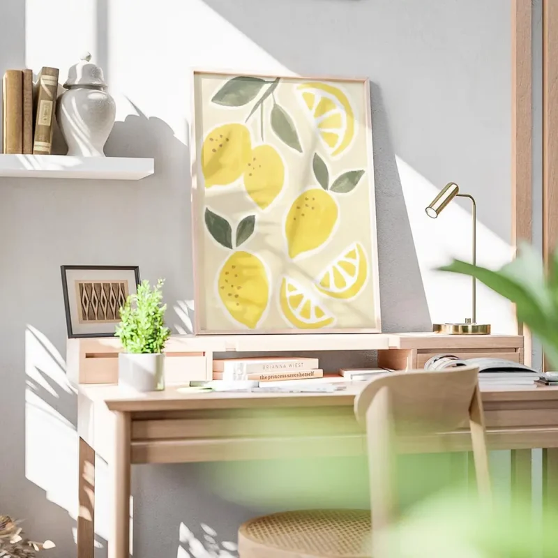 affiche de citrons jaunes et de tranches de citron avec des feuilles vertes sur bureau.webp