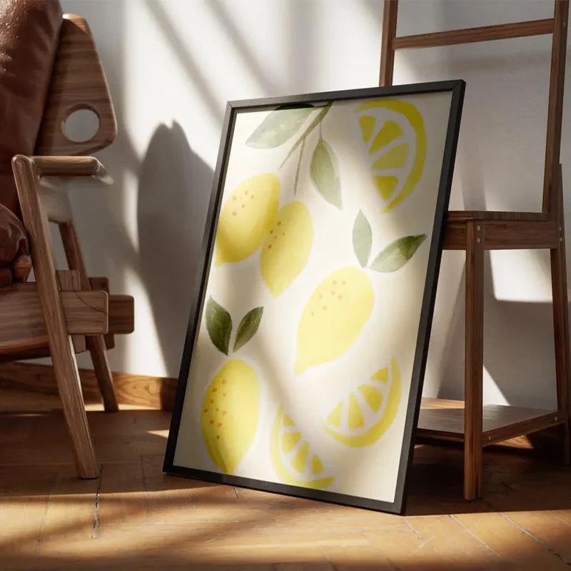 affiche de citrons jaunes et de tranches de citron avec des feuilles vertes sur encadre.webp