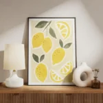 affiche de citrons jaunes et de tranches de citron avec des feuilles vertes sur meuble.webp