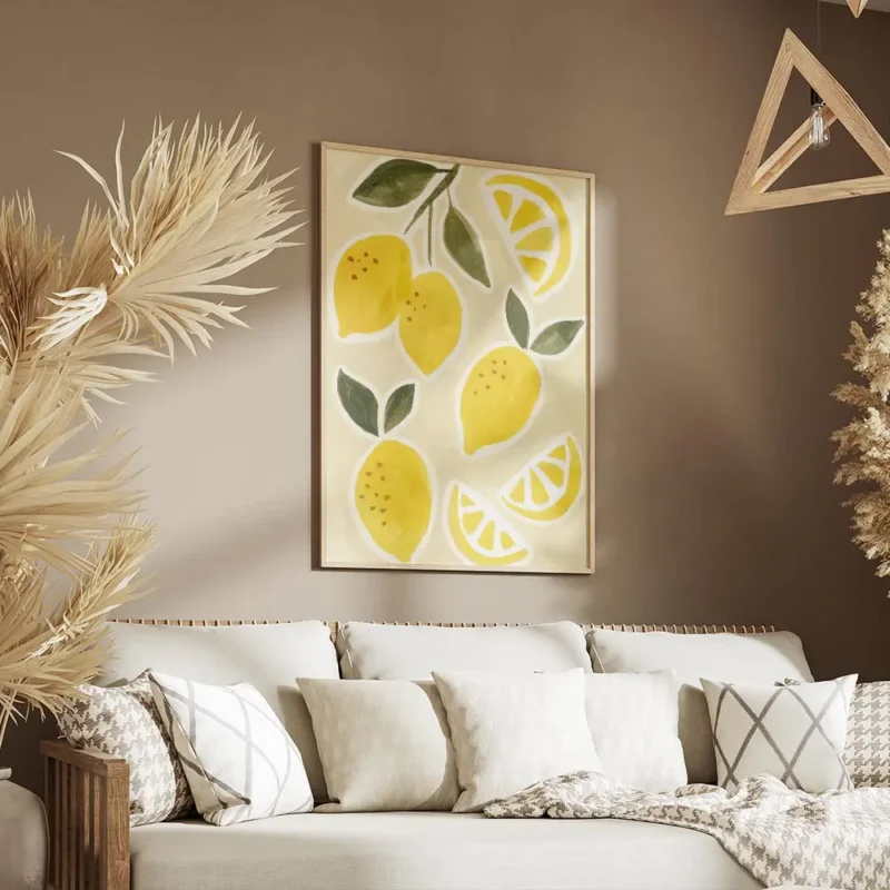 affiche de citrons jaunes et de tranches de citron avec des feuilles vertes sur salon.webp