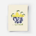 affiche de citrons jaunes et leurs feuilles vertes dans un bol bleu et blanc sur.webp