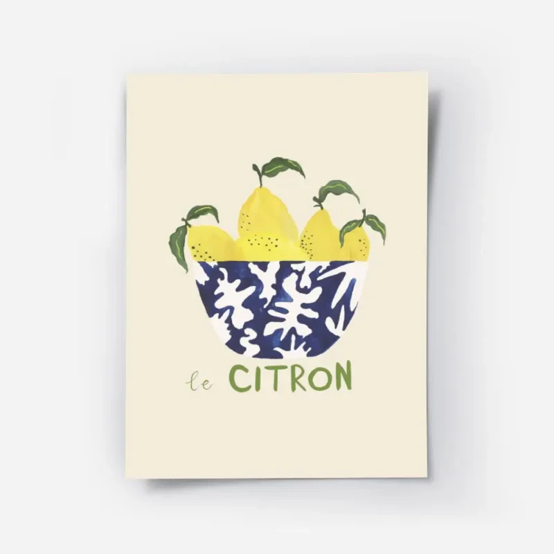affiche de citrons jaunes et leurs feuilles vertes dans un bol bleu et blanc sur.webp