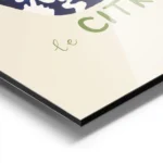 affiche de citrons jaunes et leurs feuilles vertes dans un bol bleu et blanc sur aluminium.webp
