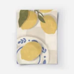 affiche de citrons jaunes sur une nappe a carreaux beige avec un citron sur une .webp