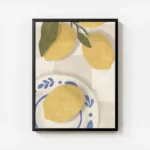 affiche de citrons jaunes sur une nappe a carreaux beige avec un citron sur une avec cadre.webp