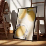 affiche de citrons jaunes sur une nappe a carreaux beige avec un citron sur une encadre.webp