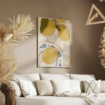 affiche de citrons jaunes sur une nappe a carreaux beige avec un citron sur une salon.webp
