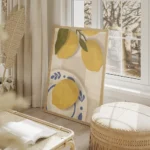 affiche de citrons jaunes sur une nappe a carreaux beige avec un citron sur une salon beige.webp