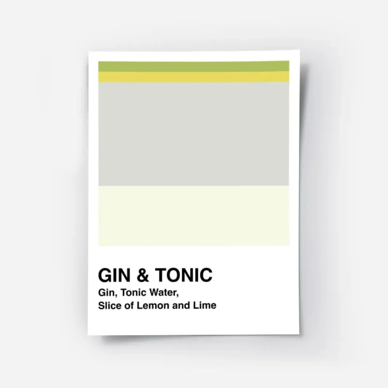 affiche de cocktail gin tonic avec blocs de couleurs verte jaune grise et texte .webp