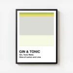 affiche de cocktail gin tonic avec blocs de couleurs verte jaune grise et texte avec cadre.webp