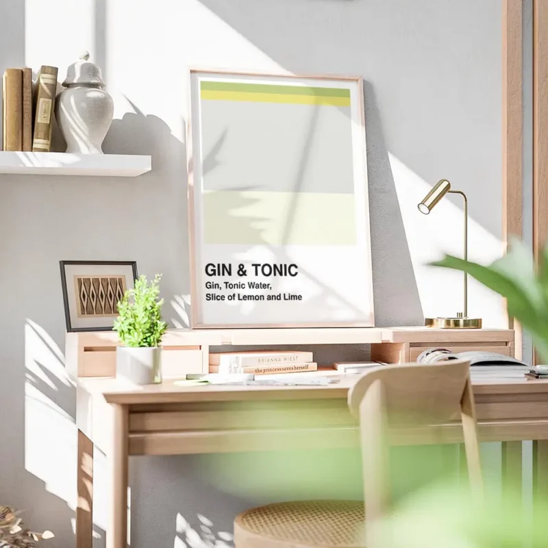 affiche de cocktail gin tonic avec blocs de couleurs verte jaune grise et texte bureau.webp