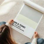 affiche de cocktail gin tonic avec blocs de couleurs verte jaune grise et texte en rouleau.webp