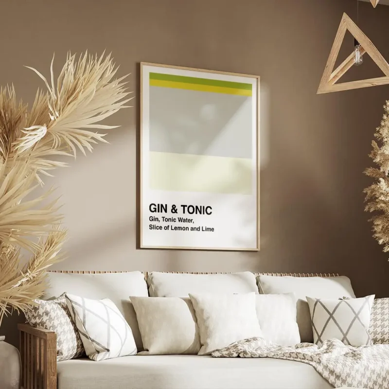 affiche de cocktail gin tonic avec blocs de couleurs verte jaune grise et texte salon.webp