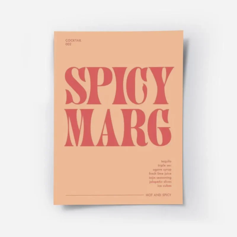 affiche de cocktail margarita epicee avec texte typographie orange et rouge.webp