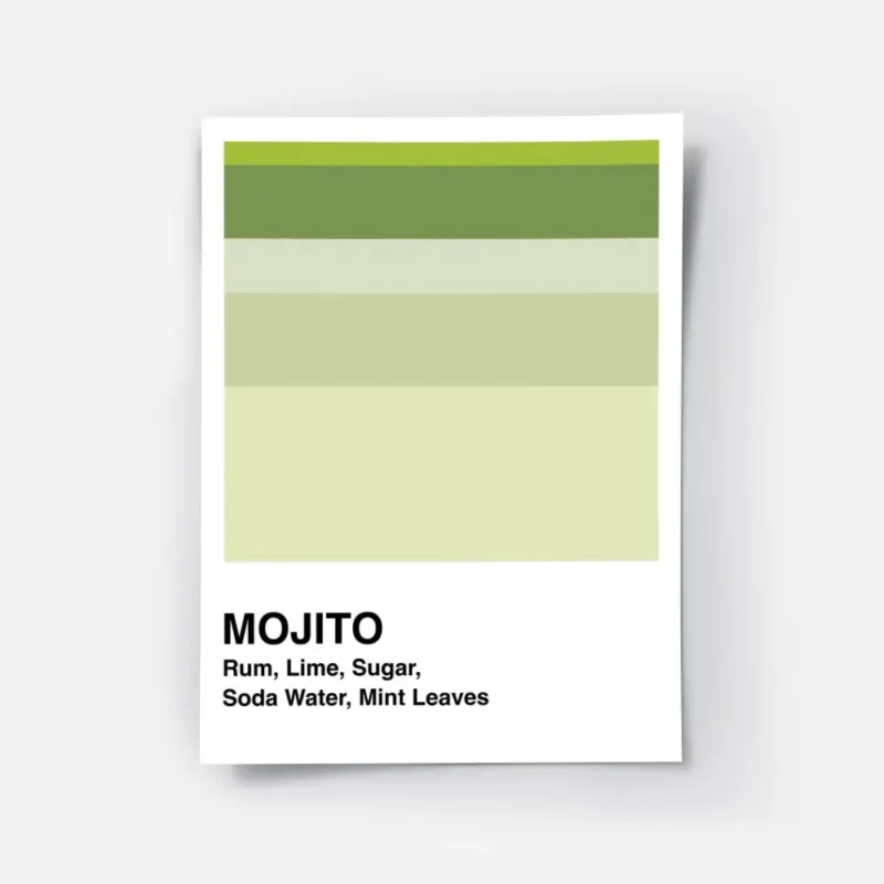 affiche de cocktail mojito avec des bandes vertes et les ingredients du cocktail.webp
