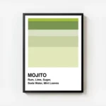 affiche de cocktail mojito avec des bandes vertes et les ingredients du cocktail avec cadre.webp