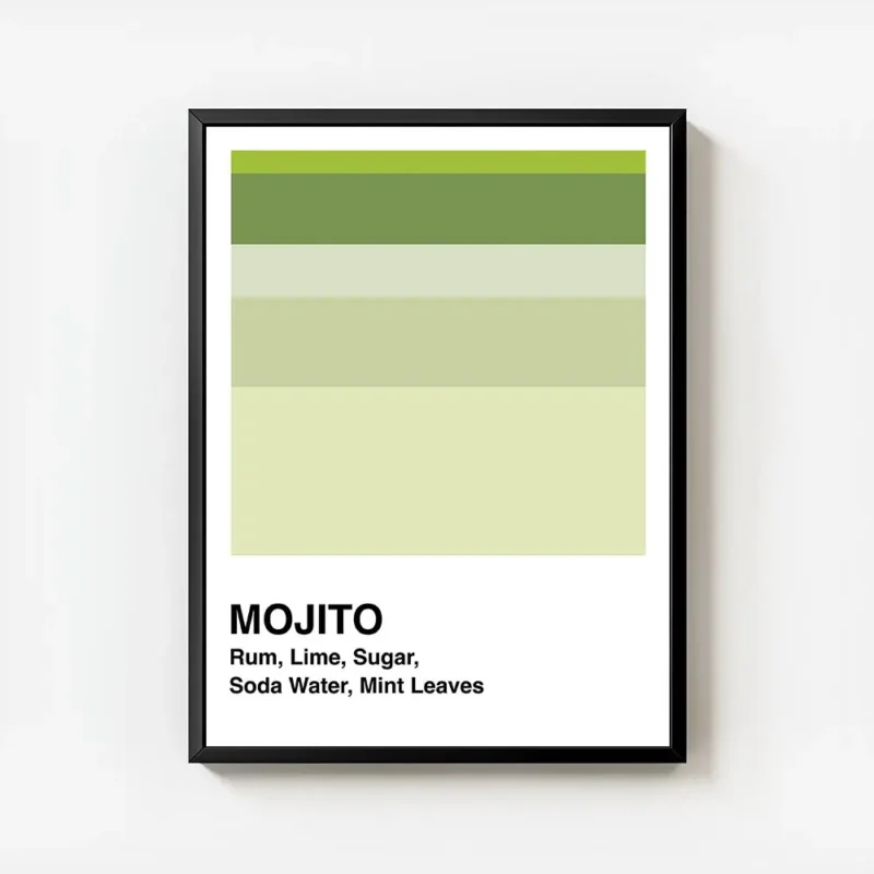 affiche de cocktail mojito avec des bandes vertes et les ingredients du cocktail avec cadre.webp