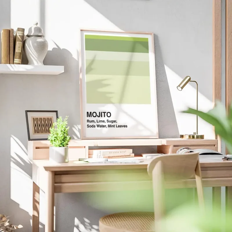 affiche de cocktail mojito avec des bandes vertes et les ingredients du cocktail bureau.webp