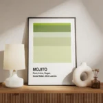 affiche de cocktail mojito avec des bandes vertes et les ingredients du cocktail meuble.webp