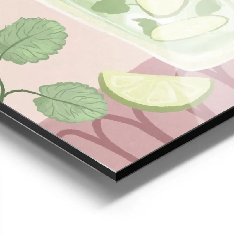 affiche de cocktail mojito avec menthe et citron vert sur fond rose a motifs typ aluminium.webp
