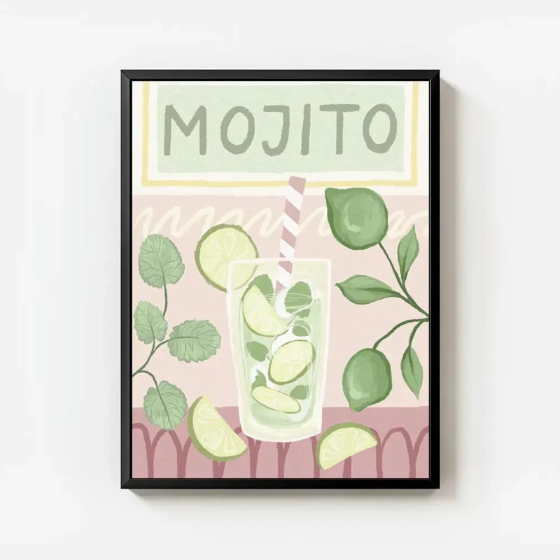 affiche de cocktail mojito avec menthe et citron vert sur fond rose a motifs typ avec cadre.webp