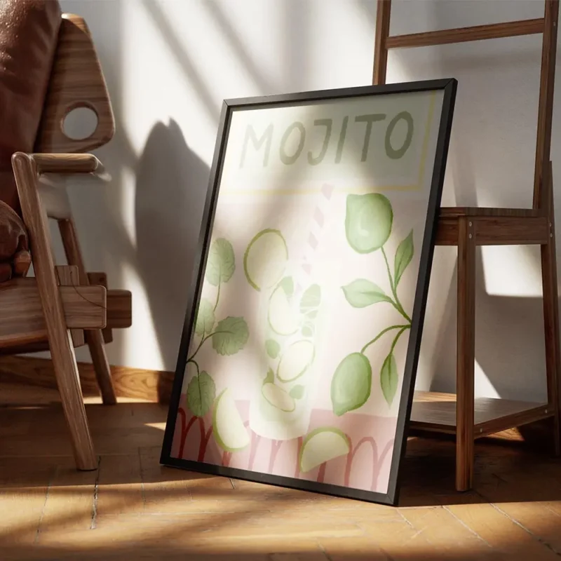 affiche de cocktail mojito avec menthe et citron vert sur fond rose a motifs typ encadre.webp