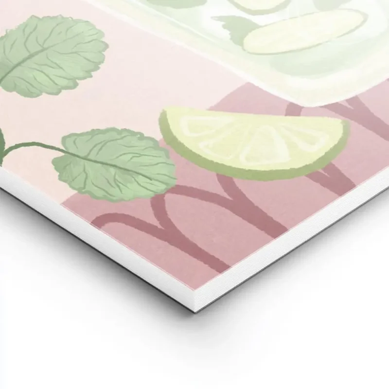 affiche de cocktail mojito avec menthe et citron vert sur fond rose a motifs typ lightpanel.webp