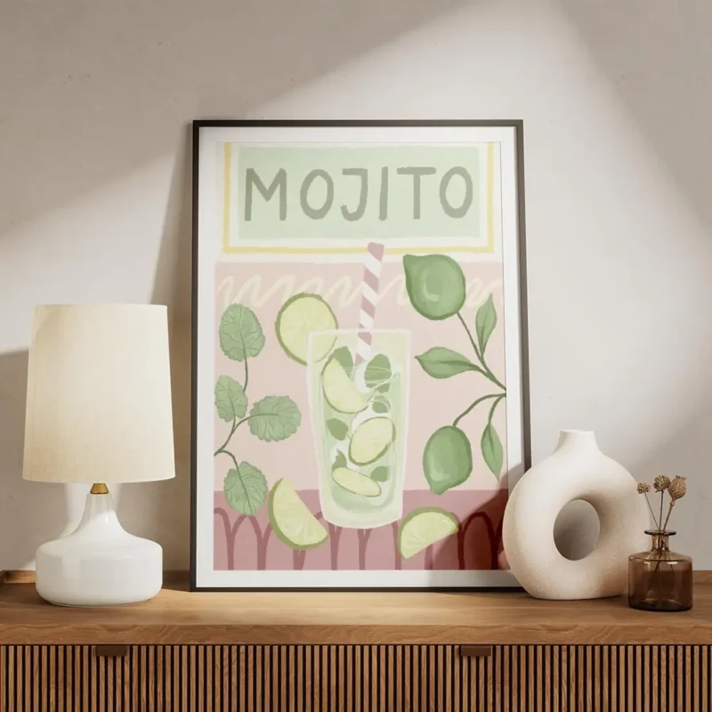 affiche de cocktail mojito avec menthe et citron vert sur fond rose a motifs typ meuble.webp