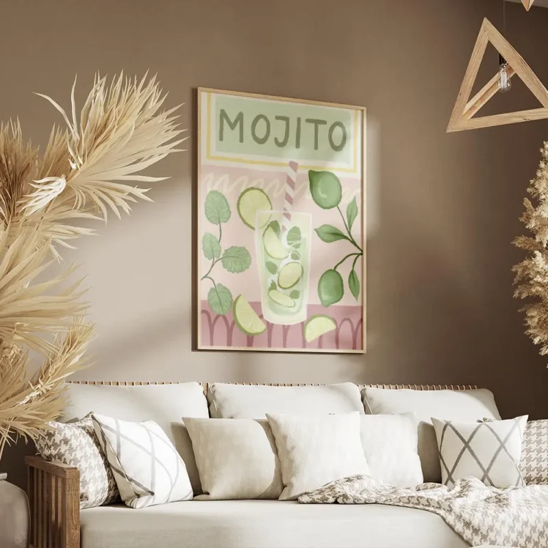 affiche de cocktail mojito avec menthe et citron vert sur fond rose a motifs typ salon.webp