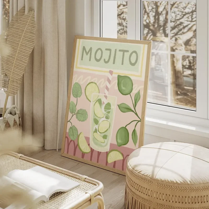 affiche de cocktail mojito avec menthe et citron vert sur fond rose a motifs typ salon beige.webp