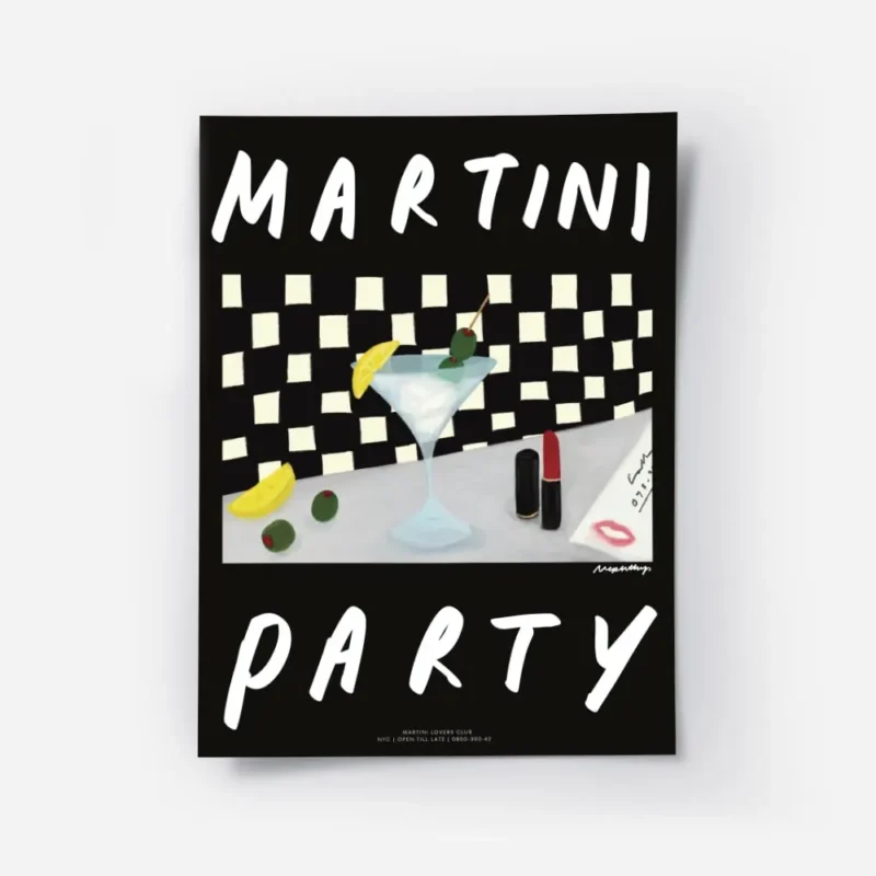 affiche de cocktail representant un verre de martini des olives et un rouge a le.webp