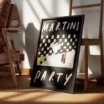 affiche de cocktail representant un verre de martini des olives et un rouge a le encadre.webp