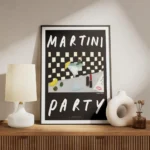 affiche de cocktail representant un verre de martini des olives et un rouge a le meuble.webp