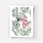 affiche de colibri turquoise et rose butinant des fleurs tropicales entoure de f.webp